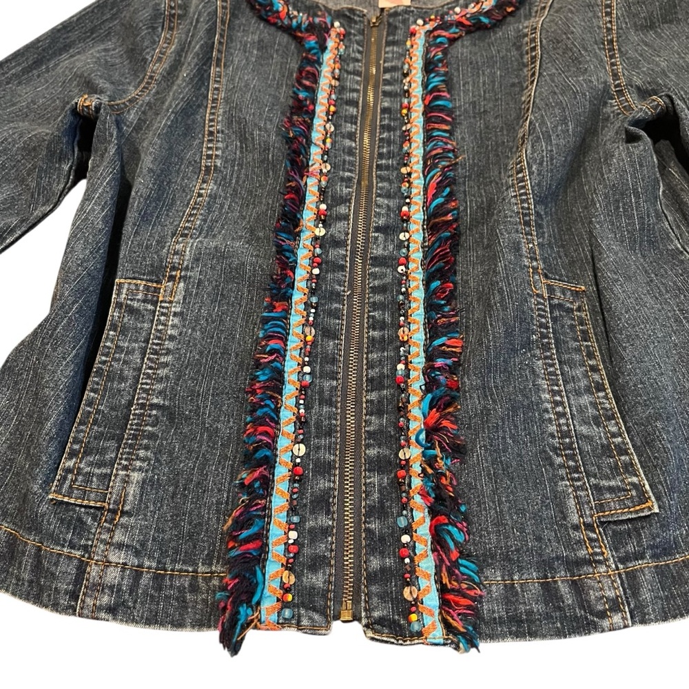 Ruby Rd Women 6 Blue Denim Full Zip Fringe Embellished Beaded Jacket Boho Chic - Picture 2 of 8